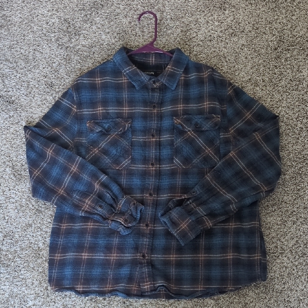 True Religion Flannel Mens Large Blue Plaid Long Sleeve Button Down